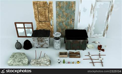 Retro 3d render rusty boxes with halfrotten containers and vintage old front doors covered with peeling paint. Pieces antique marble with broken dishes and glass bottles. Retro 3d render rusty boxes with halfrotten containers and vintage old front doors covered with peeling paint. Pieces antique marble with broken dishes and glass bottles.. Collection old and broken things.