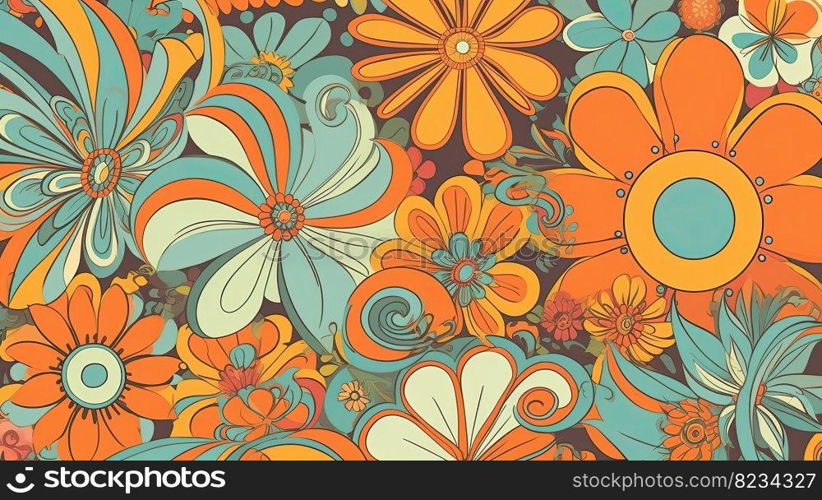 Retro 70s poster art featuring trippy LSD patterns and flower power motifs in shades of orange, yellow, green and pale blue by generative AI