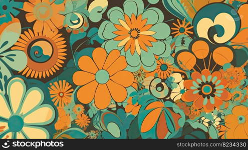 Retro 70s poster art featuring trippy LSD patterns and flower power motifs in shades of orange, yellow, green and pale blue by generative AI