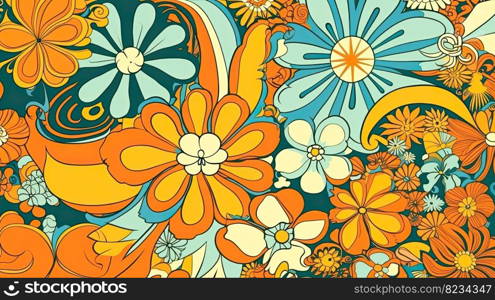 Retro 70s poster art featuring trippy LSD patterns and flower power motifs in shades of orange, yellow, green and pale blue by generative AI