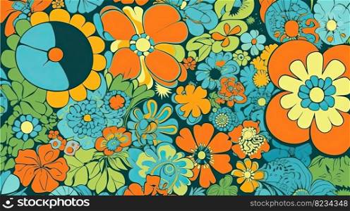 Retro 70s poster art featuring trippy LSD patterns and flower power motifs in shades of orange, yellow, green and pale blue by generative AI