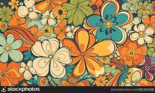 Retro 70s poster art featuring trippy LSD patterns and flower power motifs in shades of orange, yellow, green and pale blue by generative AI