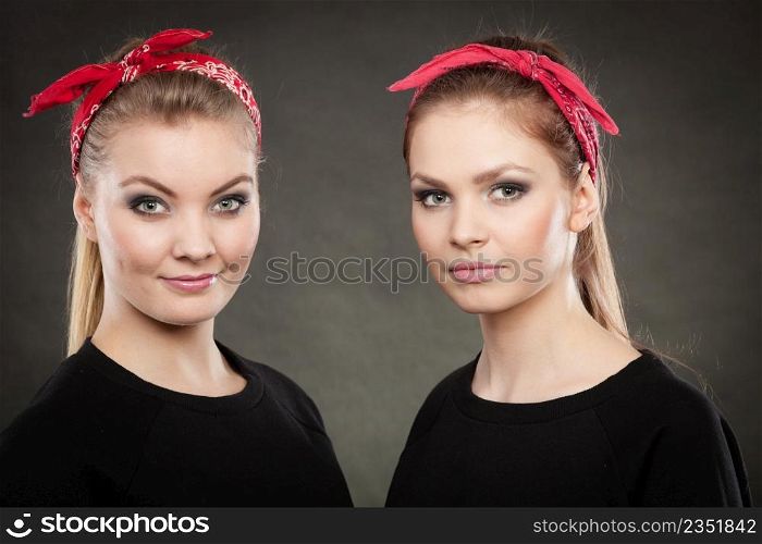 Retro and vintage style. Old fashion. Portrait of lovely pretty young women in pin up hairstyle with red handkerchief on head.. Portrait of retro pin up girls in red handkerchief.