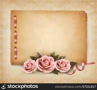 Retro background with beautiful pink rose and old paper. Vector illustration.