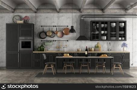 Retro black kitchen in a grunge interior with dining table - 3d rendering. Retro black kitchen in a grunge interior