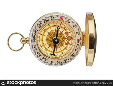 Retro brass compass isolated on white background