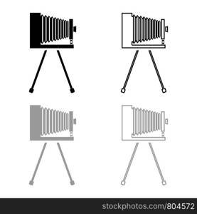 Retro camera on tripod Vintage analog film camera Old photo camera icon outline set black grey color vector illustration flat style simple image