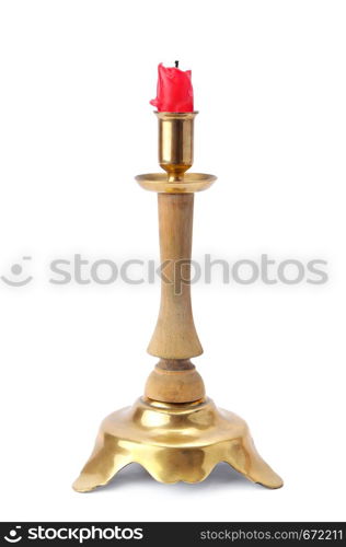 Retro candlestick with candle, isolated on white background.