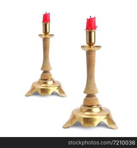 Retro candlesticks with candle, isolated on white background. Collage. Retro style.