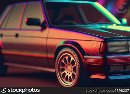 Retro car closeup view. 80s styled automobile in neon lights. Generated AI