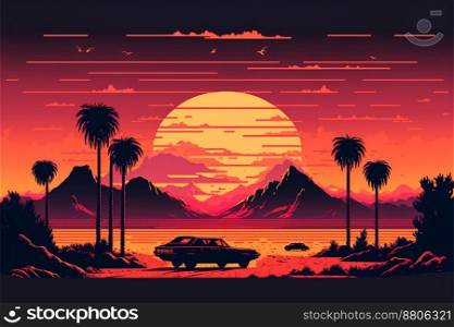 Retro car rides among the palm trees against the backdrop of the sunset