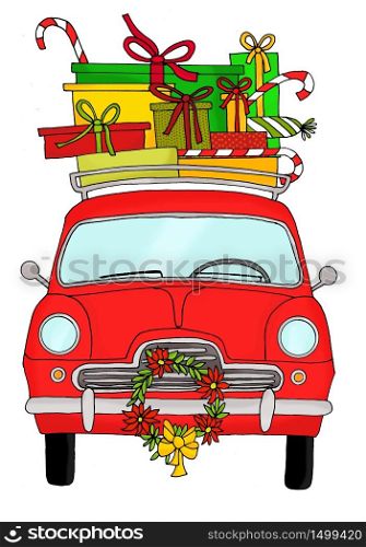 Retro car with Christmas gifts in an old fashioned luggage rack