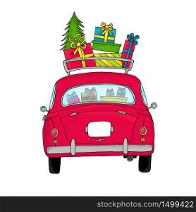 Retro car with Christmas gifts in an old fashioned luggage rack