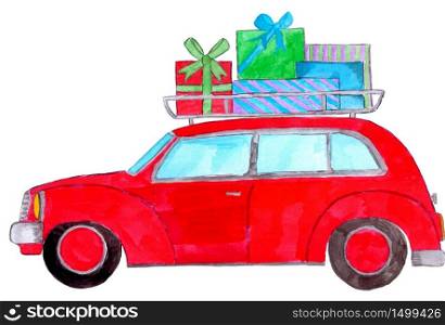 Retro car with Christmas gifts in an old fashioned luggage rack, hand painted watercolor
