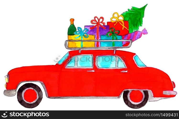 Retro car with Christmas gifts in an old fashioned luggage rack, hand painted watercolor