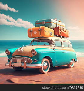 Retro car with luggage on the roof. Illustration Generative AI
