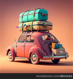 Retro car with luggage on the roof. Illustration Generative AI
