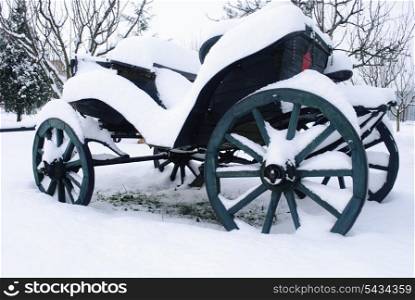 Retro carriage of red soviet army under the snow