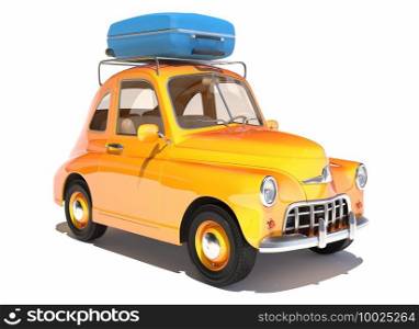 Retro cartoon car with laggage on top isolated on white. 3D illustration. Cartoon car with laggage on top