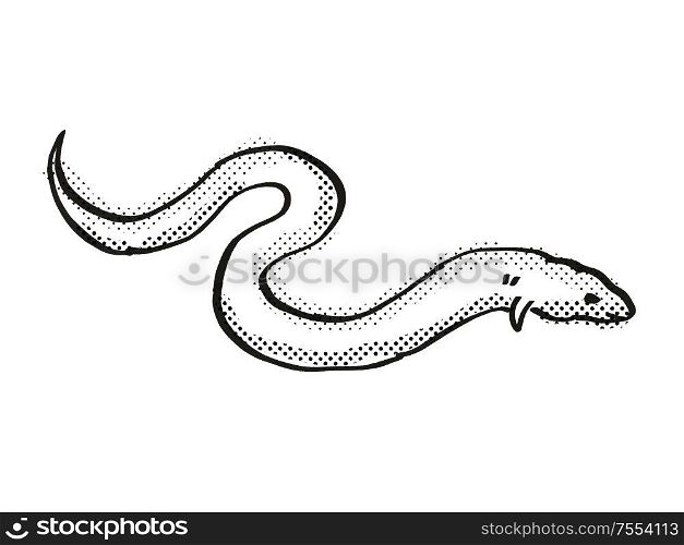 Retro cartoon line drawing style drawing of a European Eel, an endangered wildlife species on isolated background done in black and white full body.. European Eel Endangered Wildlife Cartoon Drawing