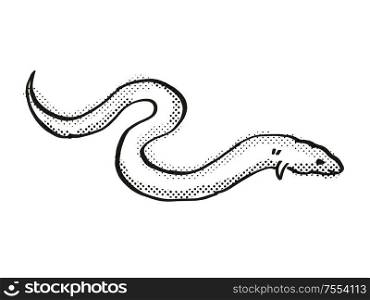 Retro cartoon line drawing style drawing of a European Eel, an endangered wildlife species on isolated background done in black and white full body.. European Eel Endangered Wildlife Cartoon Drawing