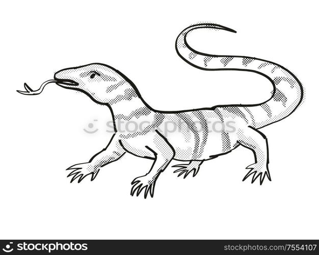 Retro cartoon line drawing style drawing of a Gray&rsquo;s Monitor, an endangered wildlife species on isolated background done in black and white full body.. Gray&rsquo;s Monitor Endangered Wildlife Cartoon Drawing