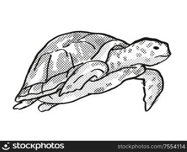 Retro cartoon line drawing style drawing of a Green Sea Turtle, an endangered wildlife species on isolated background done in black and white full body.. Green Sea Turtle Endangered Wildlife Cartoon Drawing