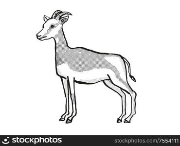 Retro cartoon line drawing style drawing of a Mhorr Gazelle, an endangered wildlife species on isolated background done in black and white full body.. Mhorr Gazelle Endangered Wildlife Cartoon Drawing