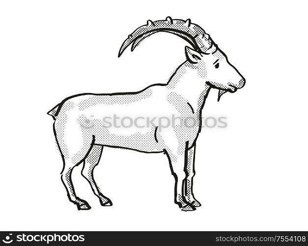 Retro cartoon line drawing style drawing of a Nubian Ibex, an endangered wildlife species on isolated background done in black and white full body.. Nubian Ibex Endangered Wildlife Cartoon Drawing