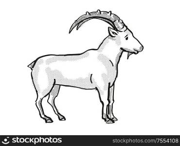 Retro cartoon line drawing style drawing of a Nubian Ibex, an endangered wildlife species on isolated background done in black and white full body.. Nubian Ibex Endangered Wildlife Cartoon Drawing