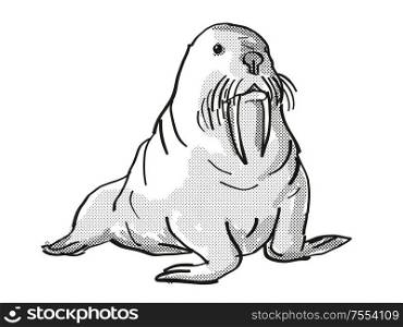 Retro cartoon line drawing style drawing of a Pacific Walrus, an endangered wildlife species on isolated background done in black and white full body.. Pacific Walrus Endangered Wildlife Cartoon Drawing