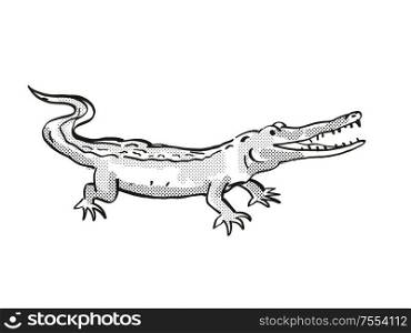Retro cartoon line drawing style drawing of a West African Slender Snouted Crocodile, an endangered wildlife species on isolated background done in black and white full body.. West African Slender Snouted Crocodile Endangered Wildlife Cartoon Drawing