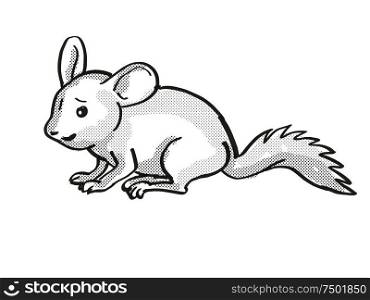 Retro cartoon mono line style drawing of a Chinchilla or Chinchilla Lanigera, a medium sized rodent in South America and an endangered wildlife species isolated background black and white full body.. Chinchilla or Chinchilla Lanigera Endangered Wildlife Cartoon Mono Line Drawing