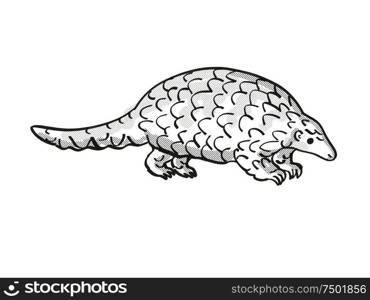 Retro cartoon mono line style drawing of a ground pangolin, Smutsia temminckii,Temminck&rsquo;s pangolin, Cape pangolin, an endangered wildlife species on isolated white background done in black and white full body.. ground pangolin or Smutsia temminckii Endangered Wildlife Cartoon Mono Line Drawing