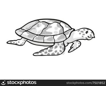 Retro cartoon mono line style drawing of a Hawksbill turtle , an endangered wildlife species on isolated white background done in black and white full body.. Hawksbill turtle Endangered Wildlife Cartoon Mono Line Drawing
