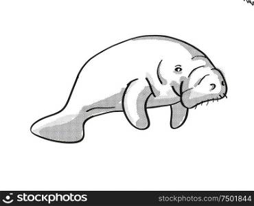 Retro cartoon mono line style drawing of a Manatee or sea cow, a large aquatic herbivorous marine mammal and endangered wildlife species on isolated white background done black and white full body.. Manatee or sea cow Endangered Wildlife Cartoon Mono Line Drawing