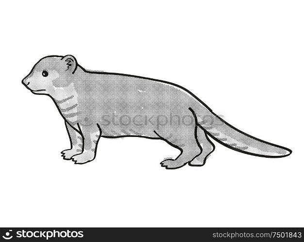 Retro cartoon mono line style drawing of a Mongoose or Helogale Parvula, an endangered wildlife species on isolated white background done in black and white full body.. Mongoose or Helogale Parvula Endangered Wildlife Cartoon Mono Line Drawing
