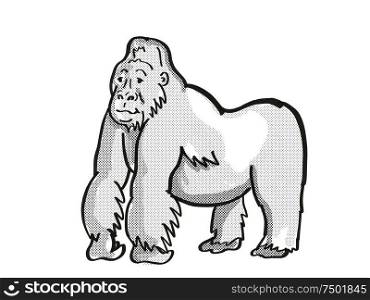 Retro cartoon mono line style drawing of a mountain silver back gorilla, an endangered wildlife species on isolated white background done in black and white full body.. mountain silver back gorilla Endangered Wildlife Cartoon Mono Line Drawing