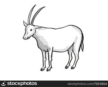 Retro cartoon mono line style drawing of a scimitar oryx, scimitar-horned oryx or Sahara oryx, an endangered wildlife species on isolated white background done in black and white full body.. scimitar oryx or scimitar-horned oryx Endangered Wildlife Cartoon Mono Line Drawing