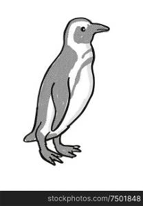 Retro cartoon mono line style drawing of an African Penguin or Spheniscus demersus, an endangered wildlife species on isolated white background done in black and white full body.. African Penguin or Spheniscus demersus Endangered Wildlife Cartoon Mono Line Drawing