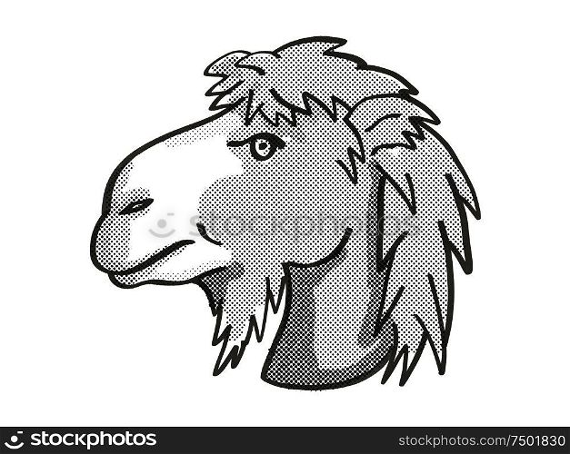 Retro cartoon mono line style drawing of head of a Bactrian Camel or Camelus Bactrianus, an endangered wildlife species on isolated white background done in black and white.. Bactrian Camel or Camelus Bactrianus Endangered Wildlife Cartoon Mono Line Drawing