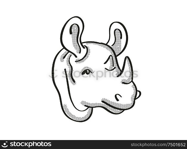 Retro cartoon mono line style drawing of head of a Black rhinoceros, an endangered wildlife species on isolated white background done in black and white.. Black rhinoceros Endangered Wildlife Cartoon Mono Line Drawing