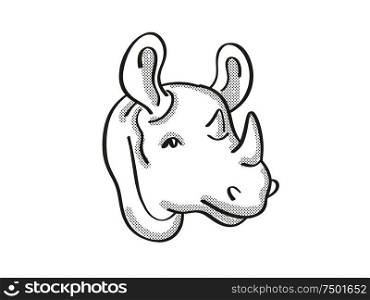 Retro cartoon mono line style drawing of head of a Black rhinoceros, an endangered wildlife species on isolated white background done in black and white.. Black rhinoceros Endangered Wildlife Cartoon Mono Line Drawing