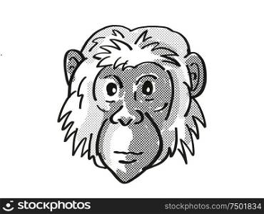 Retro cartoon mono line style drawing of head of a Bonobo or Pan paniscus, an endangered wildlife species on isolated white background done in black and white.. Bonobo or Pan paniscus Endangered Wildlife Cartoon Mono Line Drawing