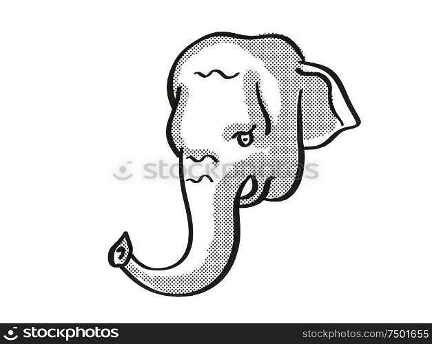 Retro cartoon mono line style drawing of head of a Borneo Elephant or Elephas maximus borneensis , an endangered wildlife species on isolated white background done in black and white.. Borneo Elephant Endangered Wildlife Cartoon Mono Line Drawing