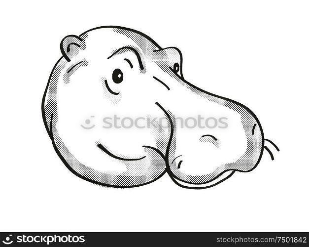 Retro cartoon mono line style drawing of head of a Common hippopotamus, Hippopotamus amphibius, an endangered wildlife species on isolated white background done in black and white.. Common hippopotamus or Hippopotamus amphibius Endangered Wildlife Cartoon Mono Line Drawing