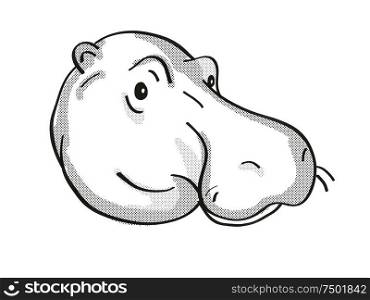 Retro cartoon mono line style drawing of head of a Common hippopotamus, Hippopotamus amphibius, an endangered wildlife species on isolated white background done in black and white.. Common hippopotamus or Hippopotamus amphibius Endangered Wildlife Cartoon Mono Line Drawing