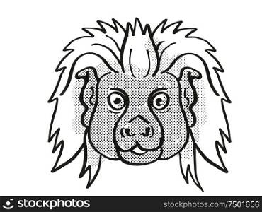 Retro cartoon mono line style drawing of head of a Cottontop tamarin, a small monkey species found in South America, an endangered wildlife species on isolated white background done in black and white.. Cottontop tamarin Endangered Wildlife Cartoon Mono Line Drawing