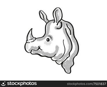 Retro cartoon mono line style drawing of head of a Greater one-horned rhino or Indian rhino, an endangered wildlife species on isolated white background done in black and white.. Greater one-horned rhino or Indian rhino Endangered Wildlife Cartoon Mono Line Drawing