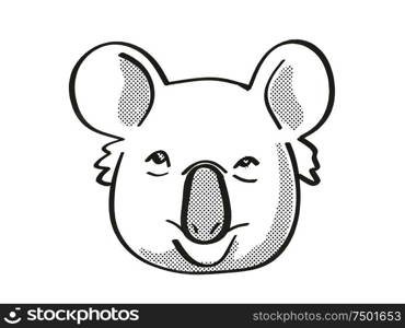 Retro cartoon mono line style drawing of head of a Koala or Phascolarctos Cinereus, Australia&rsquo;s most iconic fluffy marsupial, an endangered wildlife species on isolated white background done in black and white.. Koala or Phascolarctos Cinereus Endangered Wildlife Cartoon Mono Line Drawing